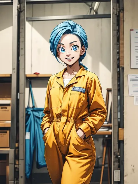 RAW photo, (high detailed skin, detailed eyes:1.1), intricate details, best quality, 8k uhd, 1girl, solo, buruma_brief_older, buruma_super_resurrectionfreezer, yellow jumpsuit, workshop in background, smile, film overlay, film grain <lora:Heavy_grain:0.6> <lora:buruma_brief_olderV3:0.5>