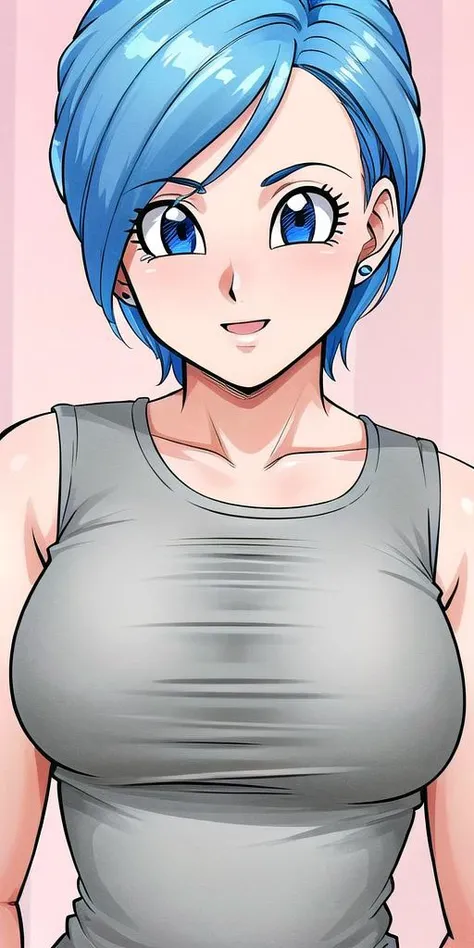 high definition, 8K, detailed face, grabbing her breast, touching her breast, showing her breast, Bulma from dragonball z, Deep blue eyes, ((light grey see through lingerie)), spa, (large breasts)), slim and thin, body of equal proportions, ((focus on her breast)), front view, four fingers and 1 thumb, ((2 hands)), Blue hair, Beautiful smile, Smiling at viewer, blushing cheeks,