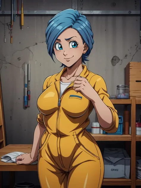 RAW photo, (high detailed skin, detailed eyes:1.1), intricate details, best quality, 8k uhd, 1girl, solo, buruma_brief_older, buruma_super_resurrectionfreezer, yellow jumpsuit, workshop in background, smile <lora:buruma_brief_olderV3:0.5> <lora:bleach_style_offset:1>