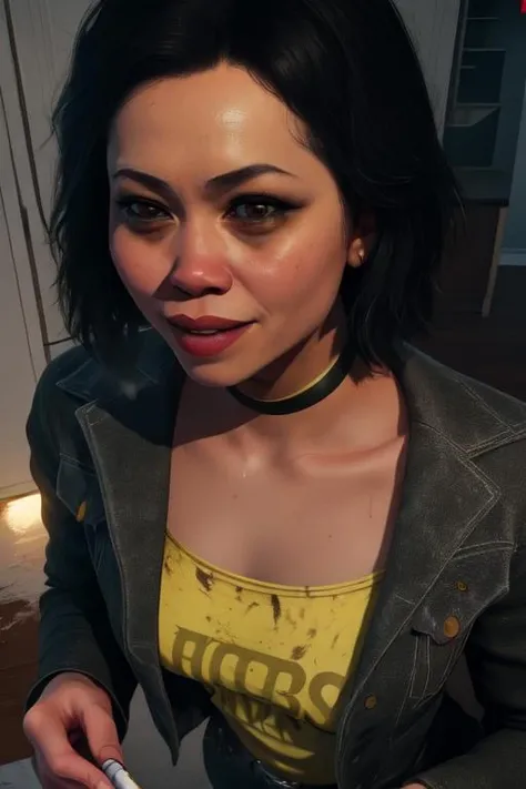 Roxanne, short black hair, messy makeup, brown eyes
black jacket, yellow shirt with text, black jeans, black choker,
upper body, standing, light smile,
solo, messy house, holding cigarette,
(insanely detailed, beautiful detailed face, masterpiece, best quality) cinematic lighting,
<lora:Roxanne:0.8>