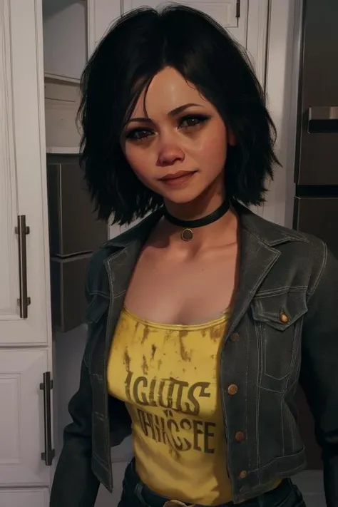 Roxanne,  short black hair, messy makeup,  brown eyes 
black jacket, yellow shirt with text, black jeans, black choker, 
upper body,  standing,   light smile, 
solo, messy house,  refrigerator, 
(insanely detailed, beautiful detailed face, masterpiece, best quality) cinematic lighting, 
 <lora:Roxanne:0.9>