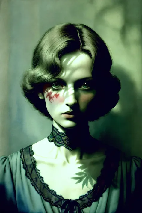 1 woman
close up
(watercolor painting:1)
lace
green and cyan , muted color
blood on wall
dramatic lighting
complex background
depth of field
best shadow
Paolo Roversi
1980
(photorealistic)