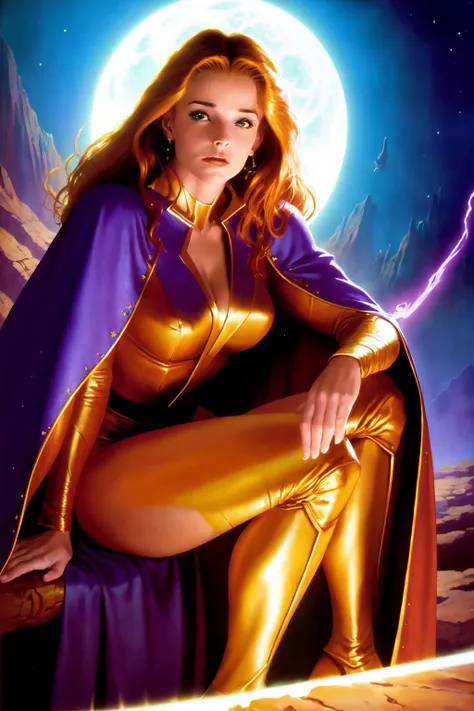 cinematic   shot of 1 beautiful young woman, leaning forward, detailed   robes cape,
sitting
 surreal
 dramatic lighting
Julie Bell, Jeff Easley, Larry Elmore, 
1980
photorealistic