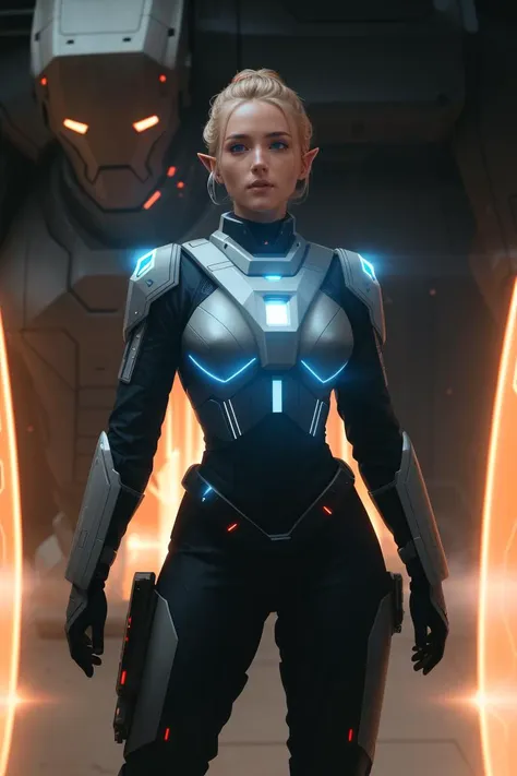 Masterpiece, highly detailed, cinematic lighting, (Cinestill 400D), front view, photo of futuristic [elf|woman] with blonde hair in a bun, perfect face, wearing futuristic tactical harness, tight-fitting space pants, (fighting off Martians on mars), blaster \(rifle\), vivid details, particle effects, (sci-fi), cool color temperature, RTX, unreal engine, absurdres, photographed on a Fujifilm GFX 100S, 63mm F/2.8 lens, HDR, 8k, (highly detailed, intricately detailed), sharp focus, (full body:0.9)