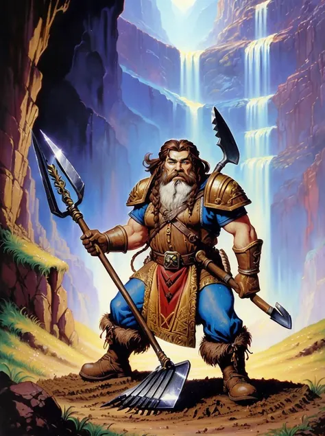 Masterpiece, (colorful classic warhammer concept art), (painting of a dwarf holding a shovel, digging a hole:1.2), highly detailed, complex art, (oil on canvas), cave background, (mountain:0.9), [old world|Elthin Arvan], vivid details, (1990s tabletop RPG art), (by Jeff Easy, by Julie Bell), award-winning, character art, beautiful lighting