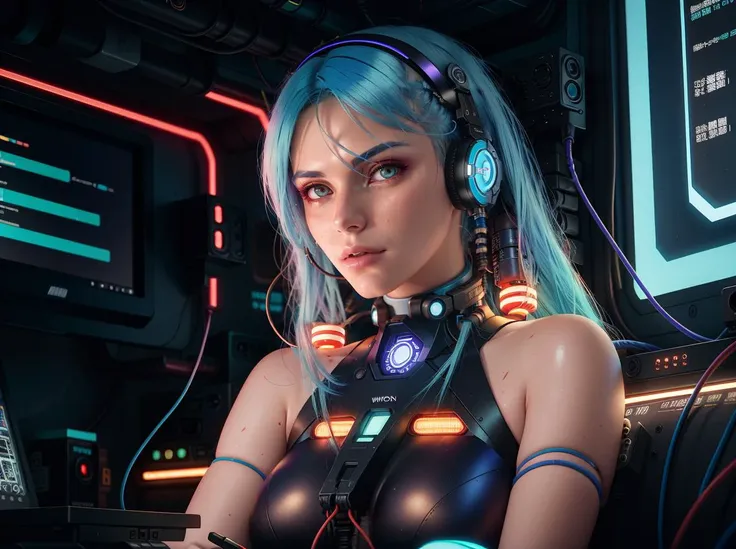 snthwve style, (bldrnrst:1.1), sfw, RAW photo, a cyborg woman with cyan colored hair, perfect face, complex background, wires and circuity, burnt fuse, (portrait by Lance Wilkinson:1.2), cybernetic, (neon light:0.3), cyberpunk art, computer art, akira cgi movie stills, 35mm film scan, 8mm film grain, 8k