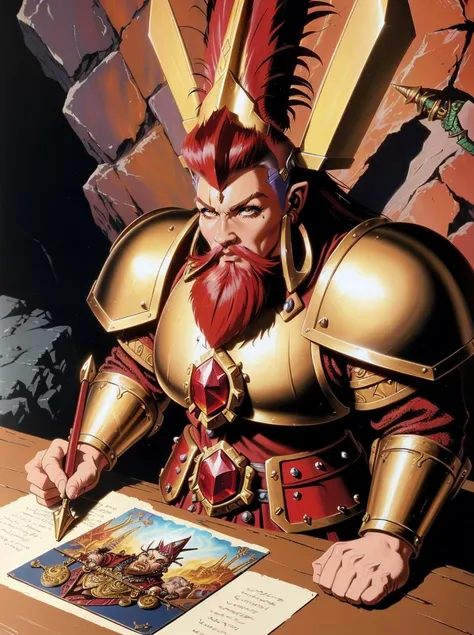 Masterpiece, (colorful classic warhammer concept art), (painting of a dwarf with a mohawk, gold and ruby armor:1.2), highly detailed, complex art, (oil on canvas), cave background, (mountain:0.9), , vivid details, (1990s tabletop RPG art), (by Jeff Easy, by Julie Bell), slayers \(warhammer dwarf\), award-winning, character art, beautiful lighting