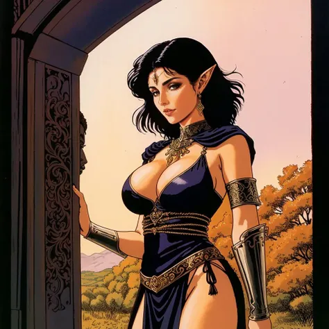 art by Phillippe Druillet, 1980s fantasy RPG cover art, (alluring gypsy [elf|woman] with short black hair, wearing gypsy attire, large breasts), standing in front of ornate vardo wagon, near the forest, [medieval|fantasy]_\(setting\), erotic art, (illustration), (Heavy Metal Magazine, 1980:1.2), complex, (perfect face), talented artist, HDR, (film grain)