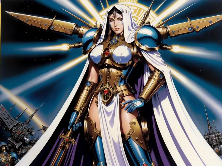 masterpiece, Warhammer 40k art, vivid colors, highly detailed, cult of Mechanicus, (Tech-Priest woman of the Adeptus Mechanicus), fine details, perfect face, wearing white robes with [mechanical|robotic] upgrades, athletic body, Heavy Metal Magazine 1990 cover art, (warhammer:1.1), art by Boris Vallejo and John Blanche, brutal background