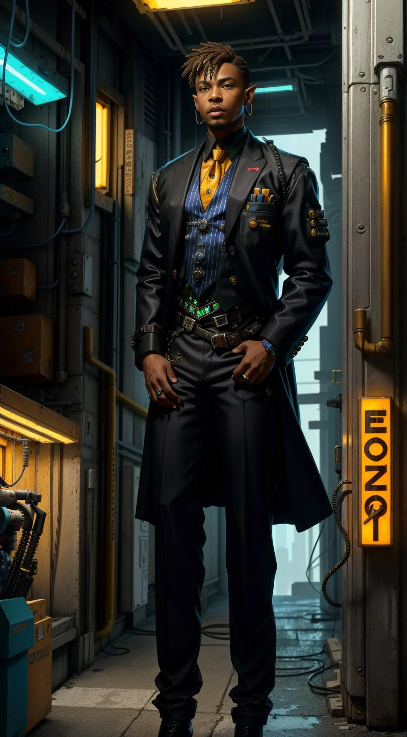 African American, (solo:1.5), Masterpiece, (1990s [cyberpunk|elfpunk|sci-fi] art), beautiful lighting, front view, highly detailed painting of (alluring [wood elf|man|cyborg] techno mage with short cyberpunk hair), (wood elf ears:1.2), cyber optics, perfect face, (mature black male:1.4), beard, (wearing professional suit with tie:1.4), (detective:1.4), (button up shirt:1.2), (vest:1.2), (trench coat:1.2), combat boots, mechanical joints, robotic parts, silicone, wires, [burn fuse], athletic body, vivid details, , (Art by Frank Frazetta and Jeff Easley), cyberpunk artwork, akira, oil on canvas, (perfect composition), vivid colors, intricately detailed, fine details,
Dystopian cyberpunk office in the background, [neon lighting], Fujifilm Provia 400X, (film grain:0.8), (full body:0.9), <lora:epi_noiseoffset2:1>