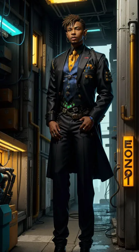 African American, (solo:1.5), Masterpiece, (1990s [cyberpunk|elfpunk|sci-fi] art), beautiful lighting, front view, highly detailed painting of (alluring [wood elf|man|cyborg] techno mage with short cyberpunk hair), (wood elf ears:1.2), cyber optics, perfect face, (mature black male:1.4), beard, (wearing professional suit with tie:1.4), (detective:1.4), (button up shirt:1.2), (vest:1.2), (trench coat:1.2), combat boots, mechanical joints, robotic parts, silicone, wires, [burn fuse], athletic body, vivid details, , (Art by Frank Frazetta and Jeff Easley), cyberpunk artwork, akira, oil on canvas, (perfect composition), vivid colors, intricately detailed, fine details,
Dystopian cyberpunk office in the background, [neon lighting], Fujifilm Provia 400X, (film grain:0.8), (full body:0.9), <lora:epi_noiseoffset2:1>