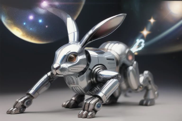 airbrushed chrome mechanical rabbit, running, leaping through galaxy<lora:Mechanicalrabbit:.5>
