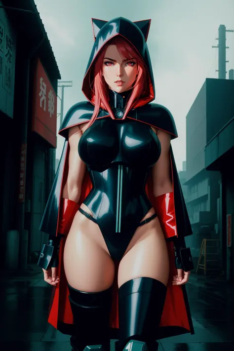 masterpiece, highest quality, ((Anime Style)), [bold|bright] colors, 1990s illustration of (female [ninja|cyborg]), wearing skintight blck leather armor, red cloak, hood, perfect face, red eyes, highly detailed, looking at viewer, bleak dystopian cyberpunk city in the background, BREAK
foreboding atmosphere, [[neon lights]], Kodak Vision 500T, (film grain:1.1), cowboy shot, epic, (full body:0.9)