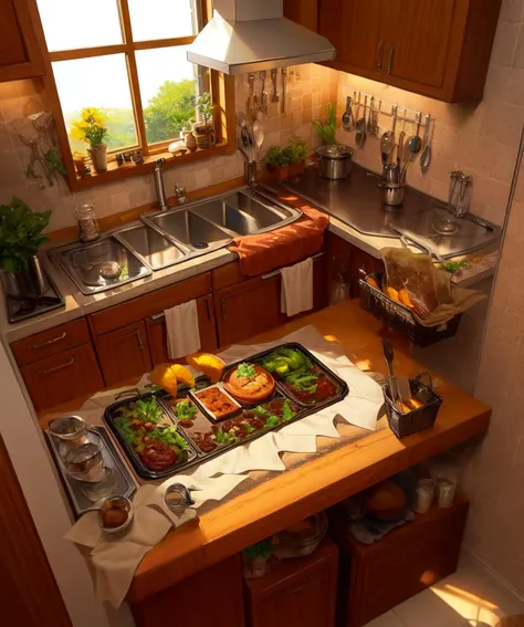 , <lora:shapan:1> concept art, top-down view, Game scenes, miniature maps,, A highly detailed mother in her kitchen preparing meal, window sunny day, happy, smiling,