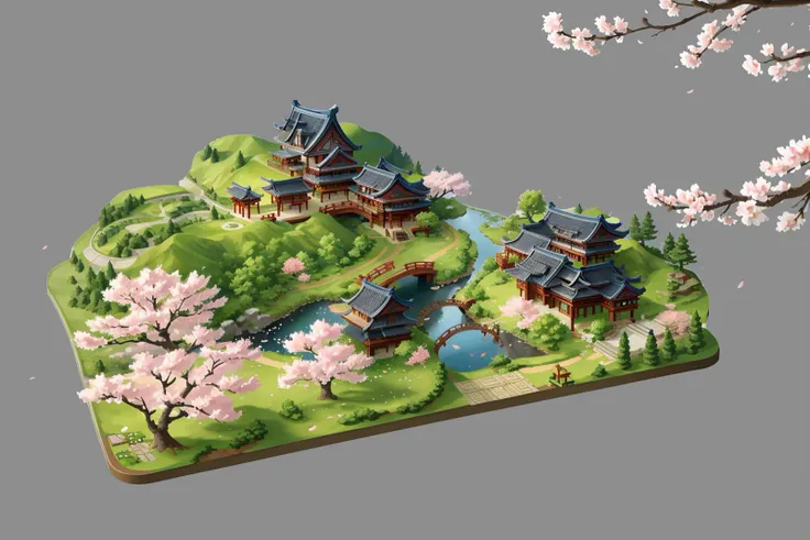 Concept art, top-down view, Game scenes, miniature maps, tree, scenery, no humans, water, stairs, grey background, bridge, east asian architecture, house, grass, pond, cherry blossoms, architecture, river, outdoors, building, simple background, bush<lora:shapan:0.8>,