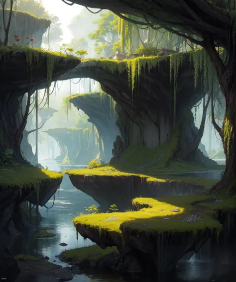 , <lora:DonMG414XL:1> biomorphic, Biomimetic, botanical,, swamp valley surrounded by high rocky cliffs, dawn,