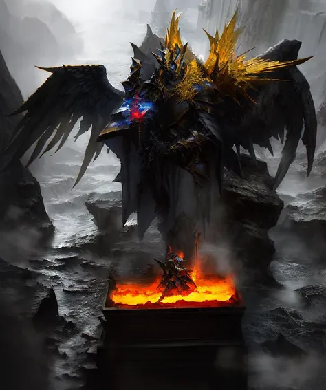 , <lora:shapan:1> concept art, top-down view, Game scenes, miniature maps,,          epic female warrior on fire ablaze in black and gold armor with angel wings, horror christian cathedral, nighttime, dungeons and dragons,