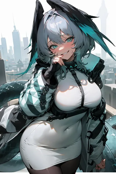 Woman with giant tits with long gray hair with light blue eyes scantily clad