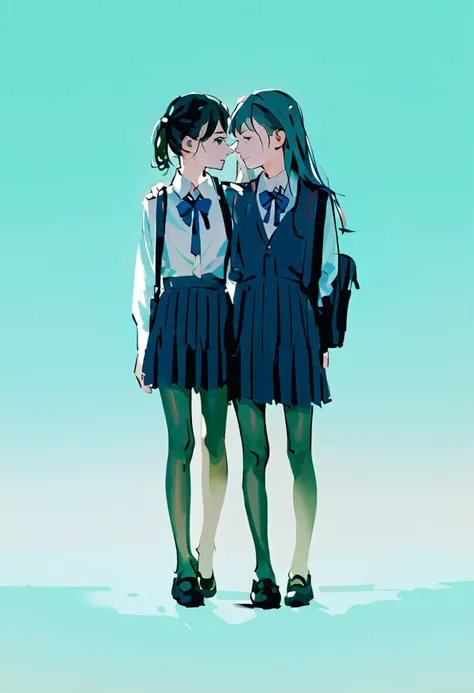 score_9, score_8_up, score_7_up, score_6_up, source_anime, 2girls, skinny, pantyhose, no shoes, school uniform, standing, simple background, yuri, green background, cinematic, warm lighting