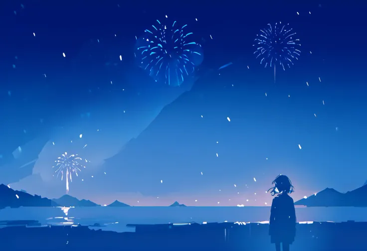 score_9, score_8_up, source_anime, 1girl, cowboy shot, rule of thirds, composition, cinematic, very wide shot, night, night sky, ocean, snowing, facing viewer, head tilt, smile, fireworks, cinematic, cold lighting, blue theme, dark theme, silhouette