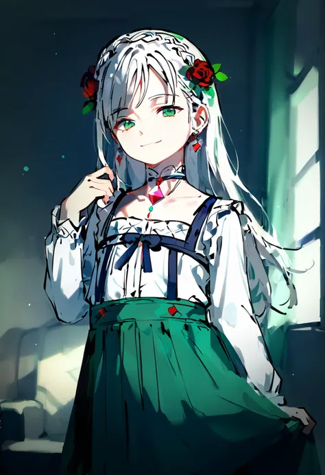 score_9, score_8_up, 1girl, kawaii, solo, green eyes, jewelry, long hair, hair ornament, skirt, hair flower, crown braid, earrings, looking at viewer, flower, white hair, indoors, braid, shirt, white shirt, smile, blurry, frills, long sleeves, frilled shirt, blurry background, green skirt, sidelocks, standing, choker, gem, closed mouth, rose