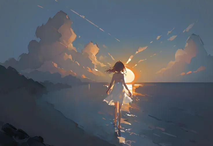 source_anime, score_9, score_8_up,
very wide shot, 1girl, solo, white dress, walking, beach, sunset, evening, whorled clouds, warm lighting, bare legs, barefoot, facing away, from behind,