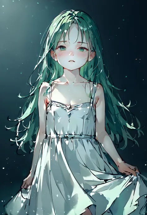 score_9, score_8_up, 1girl, solo, green eyes, long hair, green hair, looking at viewer, dress, white dress, parted lips, blush, small breasts, collarbone, standing, princess