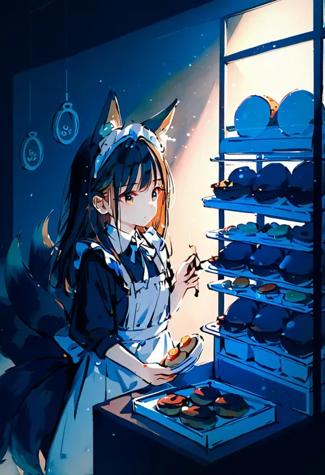 score_9, score_8_up, 1girl, cute, solo, symmetry, straight on, upper body, fox ears, fox tail, kyuubi, multiple tails, small breasts, animal ear fluff, (ear tufts:1.2), maid, pastry, shop, standing, old shop, old interior, cozy, comfy, soft lighting, warm lighting