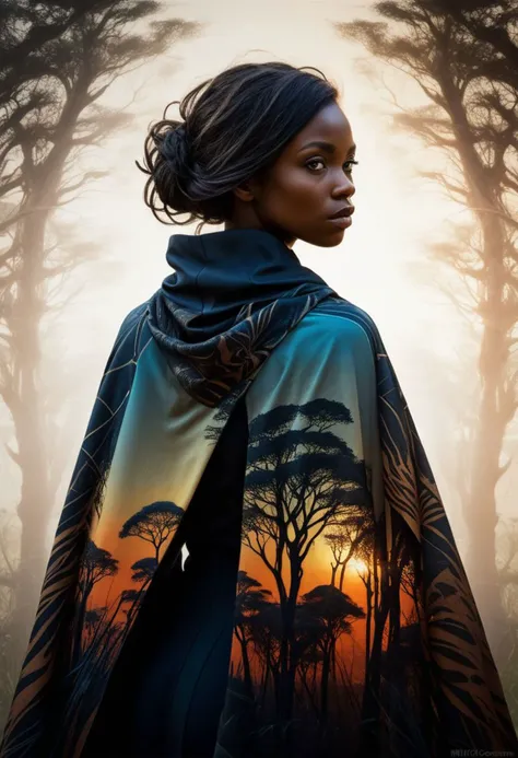 mysterious silhouette exotic woman with cape, african safari savannah, goddess, alluring, by Minjae Lee, Carne Griffiths, Emily Kell, Steve McCurry, Geoffroy Thoorens, Aaron Horkey, Jordan Grimmer, Greg Rutkowski, amazing depth, double exposure, surreal, geometric patterns, intricately detailed, bokeh, perfect balanced, deep fine borders, artistic photorealism , smooth, great masterwork by head of prompt engineering <lora:add-detail-xl:2> <lora:Double_Exposure:0.5>
