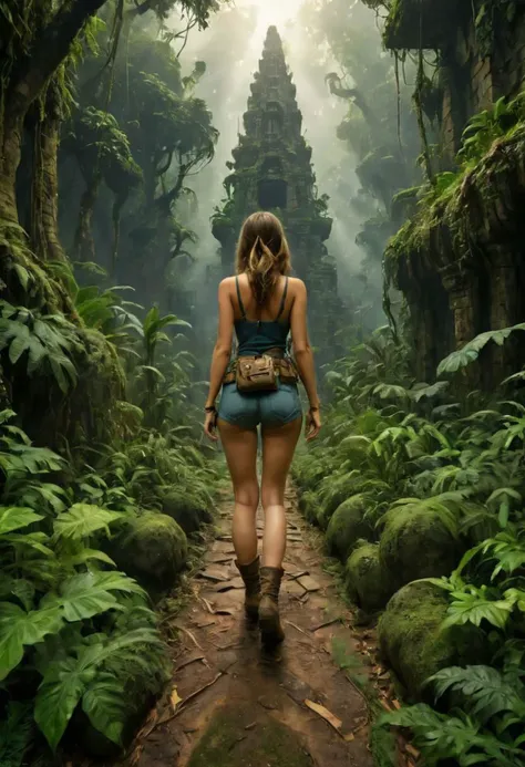 Rear View, Along an old weathered overgrown jungle path, behind the busty sister of Indiana Jones in a dense, enchanted rainforest jungle, old archaeologist equipment with a large Cleavage and a sweaty transparent shirt, water vapor in the tree peaks, sunset, walks towards a large Inca statue that looks like Super Mario , statue made of old weathered white sandstone covered with moss,