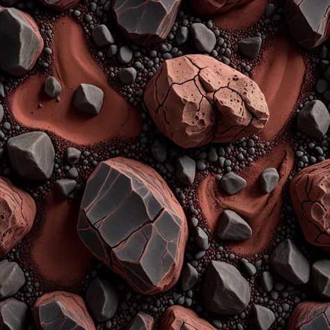 top view of Martian soil with sharp black rocks and red sand, diffused lighting, soft lighting, extremely photorealistic, highly detailed and intricate, sharp lines, style of artsation, 3ds-max vray, octane render, extremely micro details, dramatic lighting, caustics, center composition