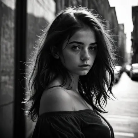 Black & white photography, portrait of a beautiful young brunette, disheveled shoulder length hair, natural light, urbanscape in the blackground, harsh shadows, large lens