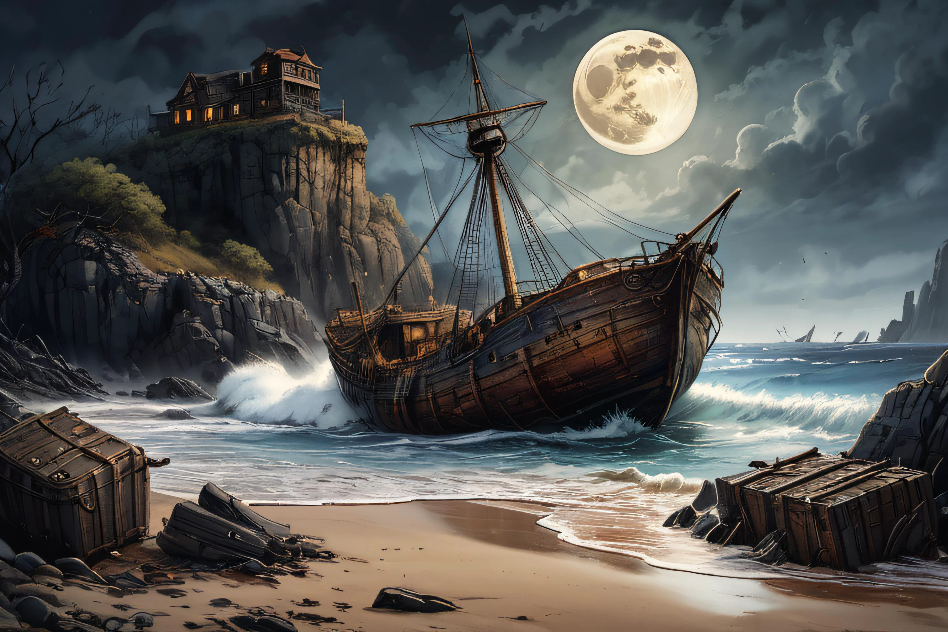 shipwrecks on rocks, ((large skull faced setting moon on horizon)), broken hull, stormy night, storm tossed waves, pirate treasure and chests washed up on the rocky beach, low cliffs, craggy rocks, coastline, dark, dramatic, stylized, watercolor, intricate detail
