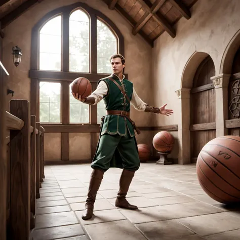 ultrares highly detailed photo of a slim fantasy elf in an action pose, playing basketball in king's court. The elf has long, pointed ears and a graceful posture. He wears a green tunic and brown boots, and holds a leather ball in his right hand. He is about to jump and shoot the ball into a wooden hoop that hangs from a stone wall. Behind him, a crowd of spectators cheers and claps. The king's court is a large, open space with a tiled floor and a high ceiling. The photo shows the contrast between the medieval setting and the modern sport.