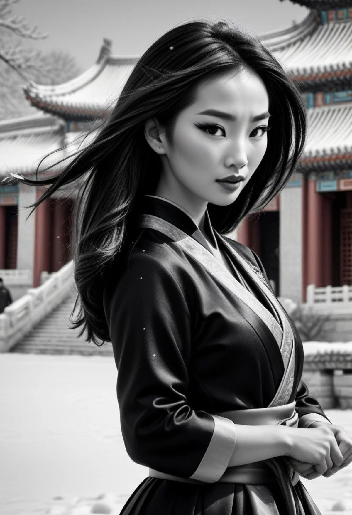 Ultra Realistic, Mulan, elegant, adjusting hair, classy scottish scarf, flirty, walking on snowy streets in Forbidden city in China, B&W picture