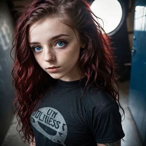 ((reflective blue eyes)), photo of a 18 years old hot punk girl, ((wearing dark-red punk top)), long curly dark-red hair, perfect teeth, flirty, horny, seductive pose, looking up at viewer, cinematic composition, detailed face, detailed eyes, detailed skin pores, 8K, UHD, high definition photo,