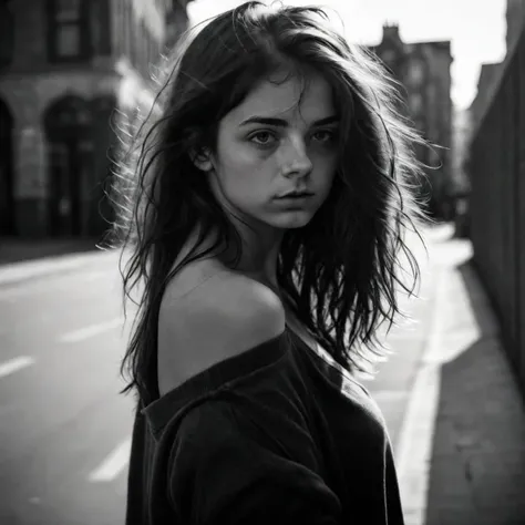 Black & white photography, portrait of a beautiful young brunette, disheveled shoulder length hair, natural light, urbanscape in the blackground, harsh shadows, large lens