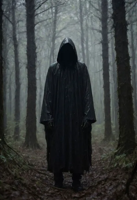 It's rainig heavily. The reaper is standing in the distance, (((its face is not visible))) in a blair witch style forest, after the rain, very gloomy, sinister, scary forest.