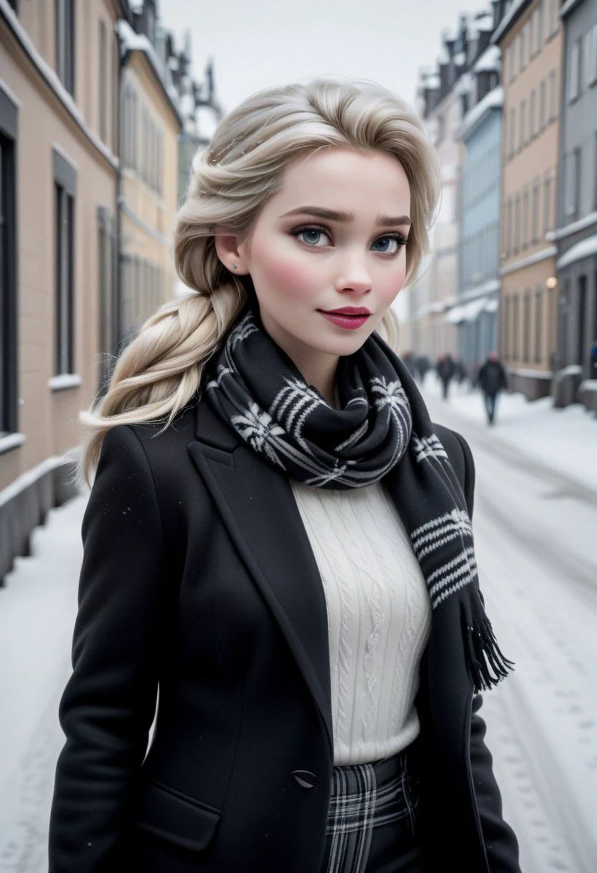 Ultra Realistic, Elsa, elegant, classy scottish scarf, flirty, walking on snowy streets in Stockholm, B&W picture