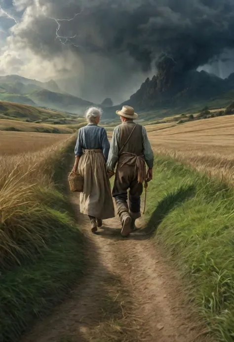 Masterpiece, closeup, hd, 8K, Fantasy art, award winning drawing of a old male farmer and a old female farmer in a windy landscape helping each other walking, rugged clothes romantic, storm in background, back view, intricate details, Fantastical realism, fandist