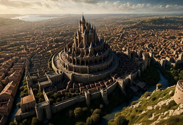 What if Game of Thrones were set in an alternate late-antiquity reality, sweeping cityscape vista, high angle panoramic wideshot, cinematic , ultra detailed realism, photo-realistic, advntr landscape photograph, antiquity temples and fantasy mage tower mark skyline