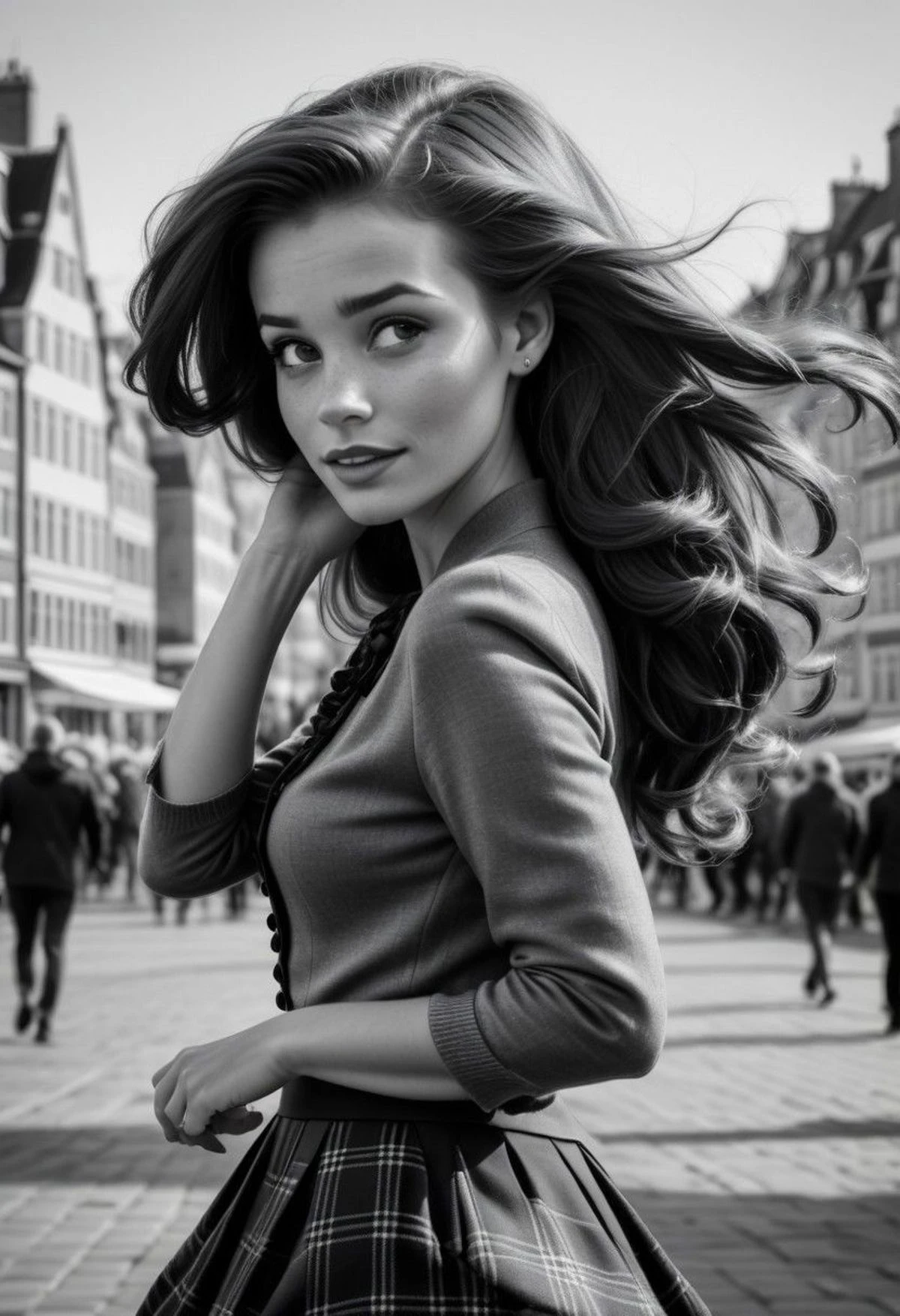 Ultra Realistic, Ariel, elegant, adjusting hair, classy scottish scarf, flirty, walking next to the city center of Copenhaguen, B&W picture