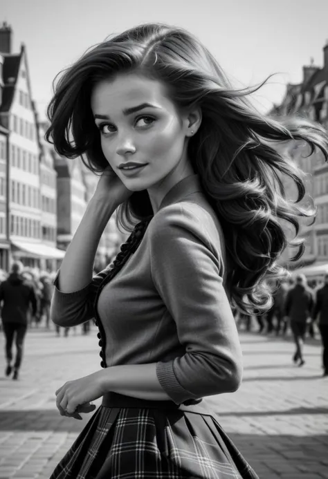 Ultra Realistic,  Ariel, elegant, adjusting hair, classy scottish scarf, flirty, walking next to the city center of Copenhaguen, B&W picture