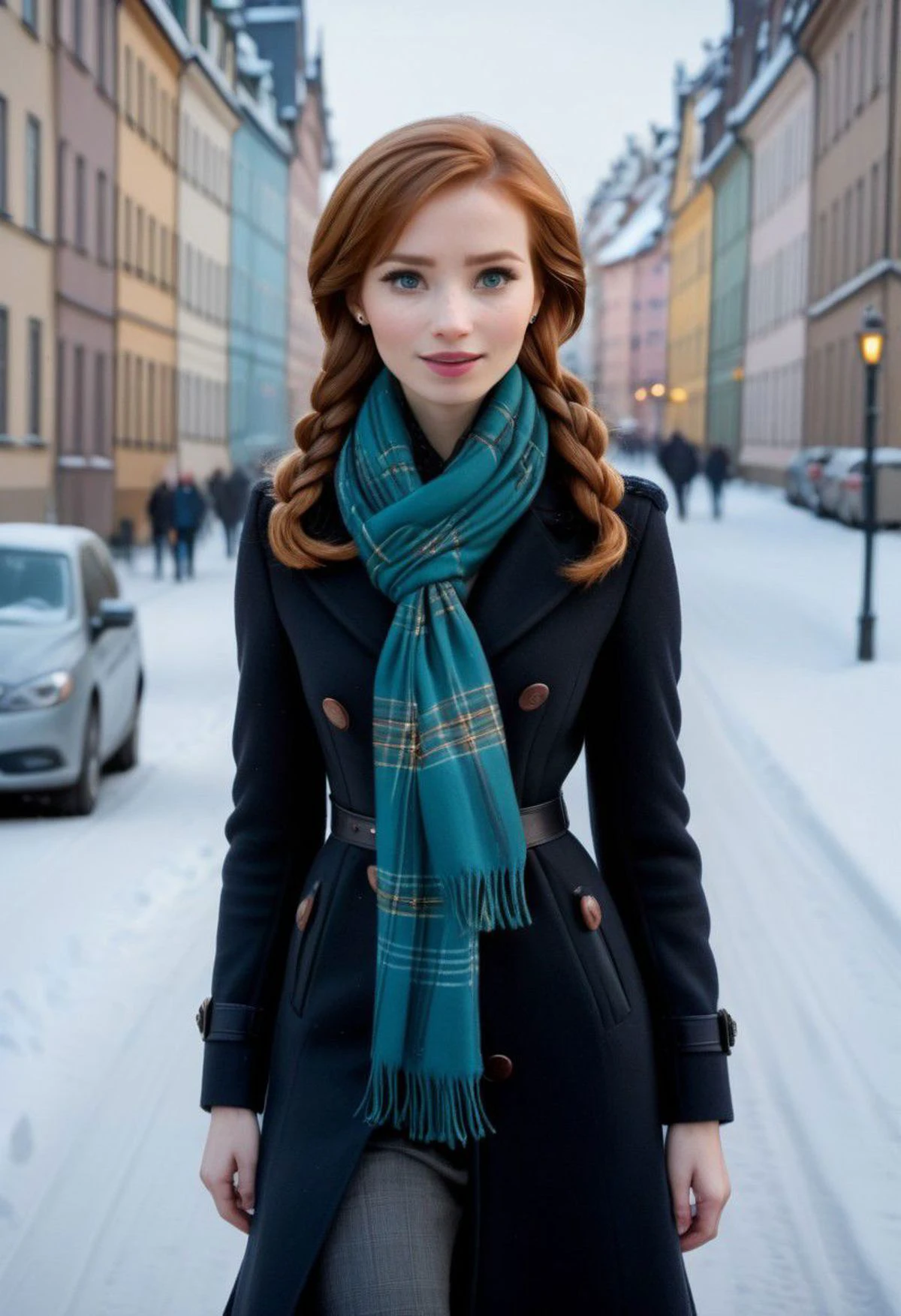 Ultra Realistic, Anna, slender, classy scottish scarf, flirty, walking on snowy streets in Stockholm
