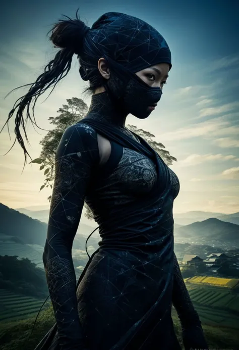 mysterious silhouette ninja woman, rural japan, goddess, alluring, by Minjae Lee, Carne Griffiths, Emily Kell, Steve McCurry, Geoffroy Thoorens, Aaron Horkey, Jordan Grimmer, Greg Rutkowski, amazing depth, double exposure, surreal, geometric patterns, intricately detailed, bokeh, perfect balanced, deep fine borders, artistic photorealism , smooth, great masterwork by head of prompt engineering <lora:add-detail-xl:2> <lora:Double_Exposure:0.5>