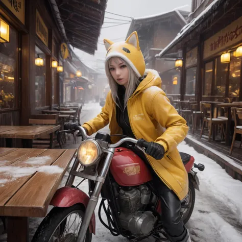 kemono female (Yellow biker outfit) falling, in restaurant snowstorm