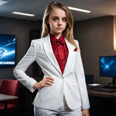 photo of a 18 years old hot girl, ((wearing white tuxedo with red tie)), full body portrait, in business suite, short dark-blonde hair, perfect teeth, cinematic composition, reflective blue eyes, detailed face, detailed eyes, detailed skin pores, 8K, UHD, high definition photo,