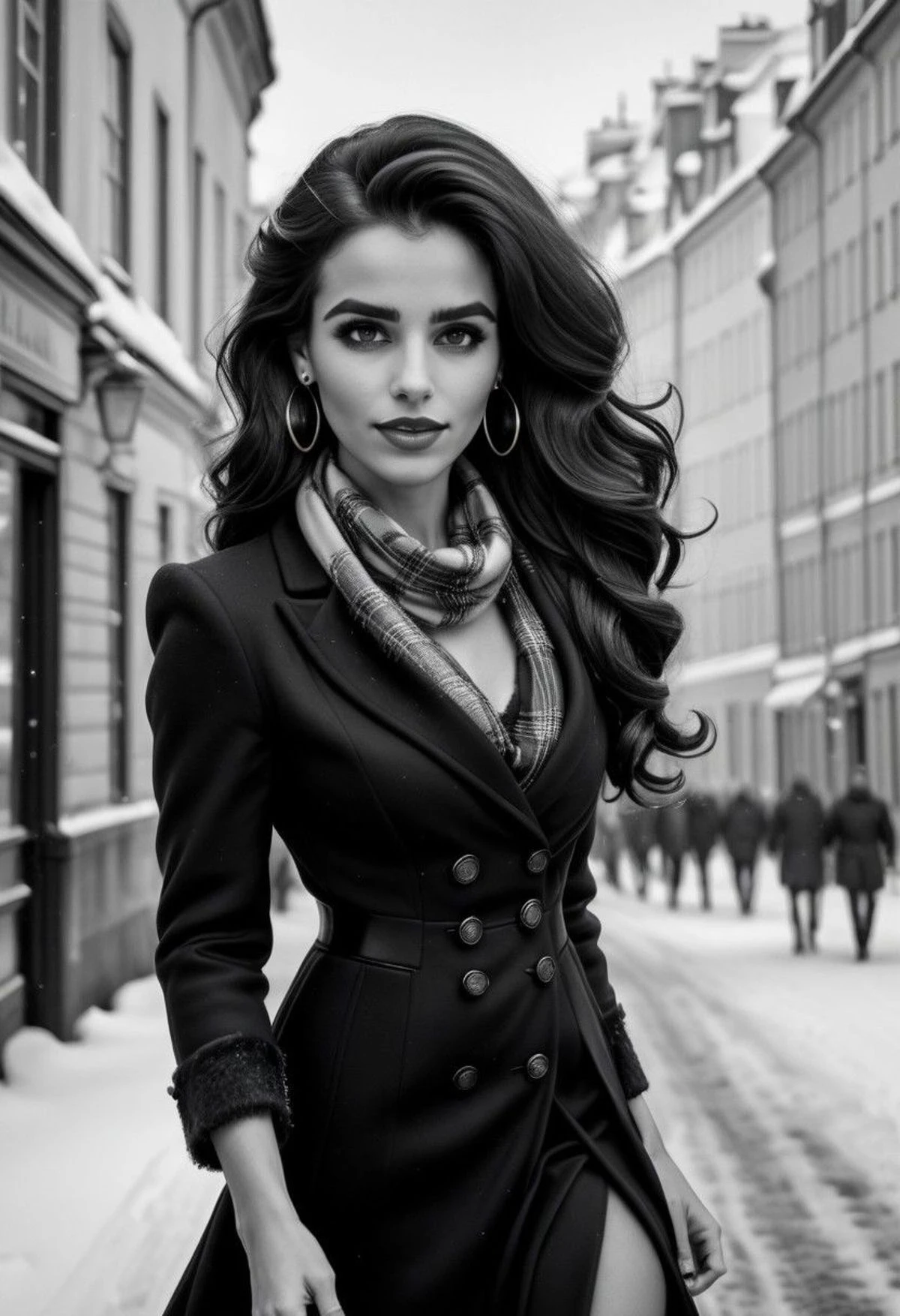 Ultra Realistic, Esmeralda, elegant, adjusting hair, classy scottish scarf, flirty, walking on snowy streets in Stockholm, B&W picture