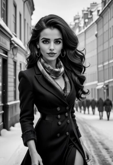 Ultra Realistic,  Esmeralda, elegant, adjusting hair, classy scottish scarf, flirty, walking on snowy streets in Stockholm, B&W picture