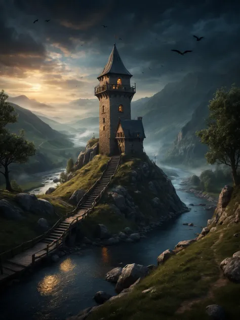 ethereal fantasy concept art of , medieval lighted lookout tower in fantasy style on a hill next to a small river, dark clouds, dense fog, evening atmosphere, ((small ballisade around the tower)), guards with torches, ((flying ravens)),
<lora:add-detail-xl:1.4>, Ultra-HD-details, true to life, HDR image, High detail resolution, high detailed cloth, cinematic lighting, realistic, sharp focus, (very detailed), ((4K HQ)), depth of field, f/1.2, Leica, 8K HDR, High contrast, bokeh, realistic shadows, vignette, epic,, symmetric eyes, same color eyes . magnificent, celestial, ethereal, painterly, epic, majestic, magical, fantasy art, cover art, dreamy
